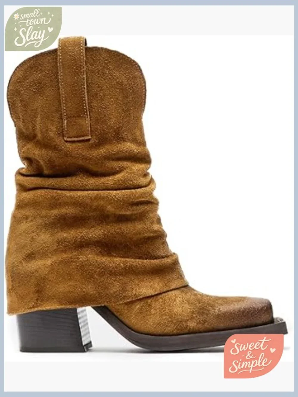 Faux Suede Fold Over Mid Calf Boots Square Toe Chunky Heel Pull On Booties - Picture 1 of 7